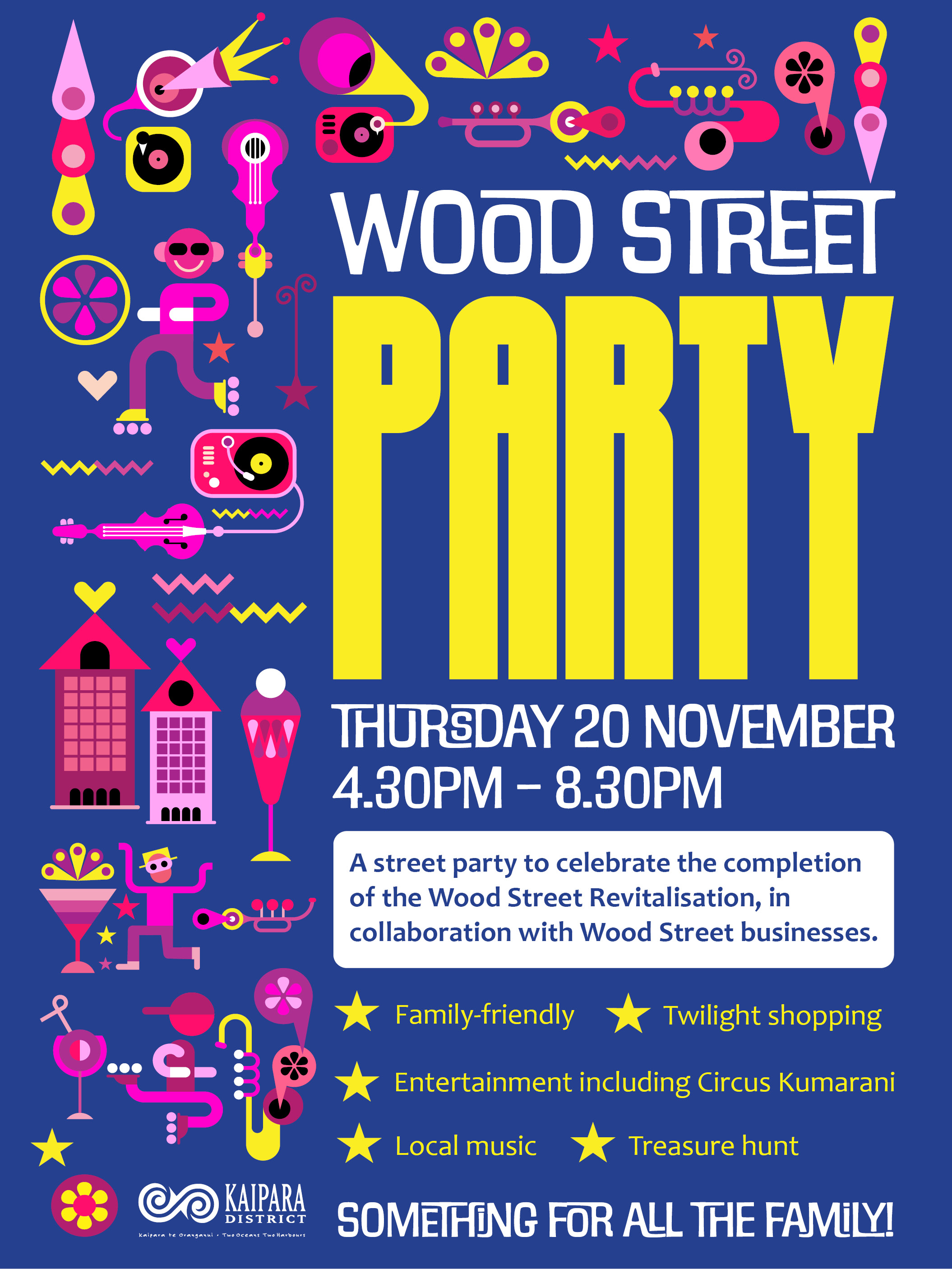 A poster of a street party, with bright colours and images showing people dancing 